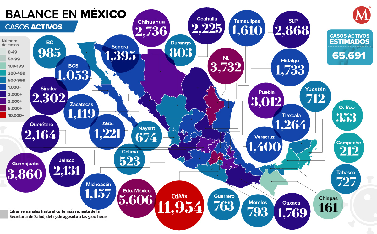 Mapa covid-19 en México al 15 de agosto de 2022. (Ilustración)