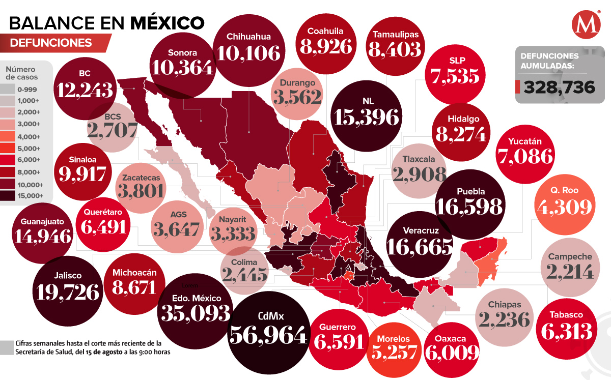 Mapa covid-19 en México al 15 de agosto de 2022. (Ilustración)