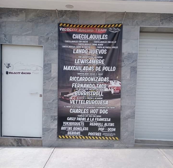 Menú de comida de Velocity Racing Pits