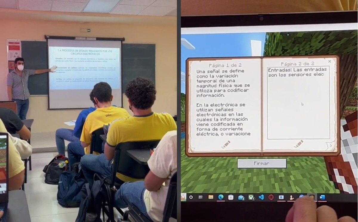 Estudiante toma las notas de su clase en libreta dentro de Minecraft