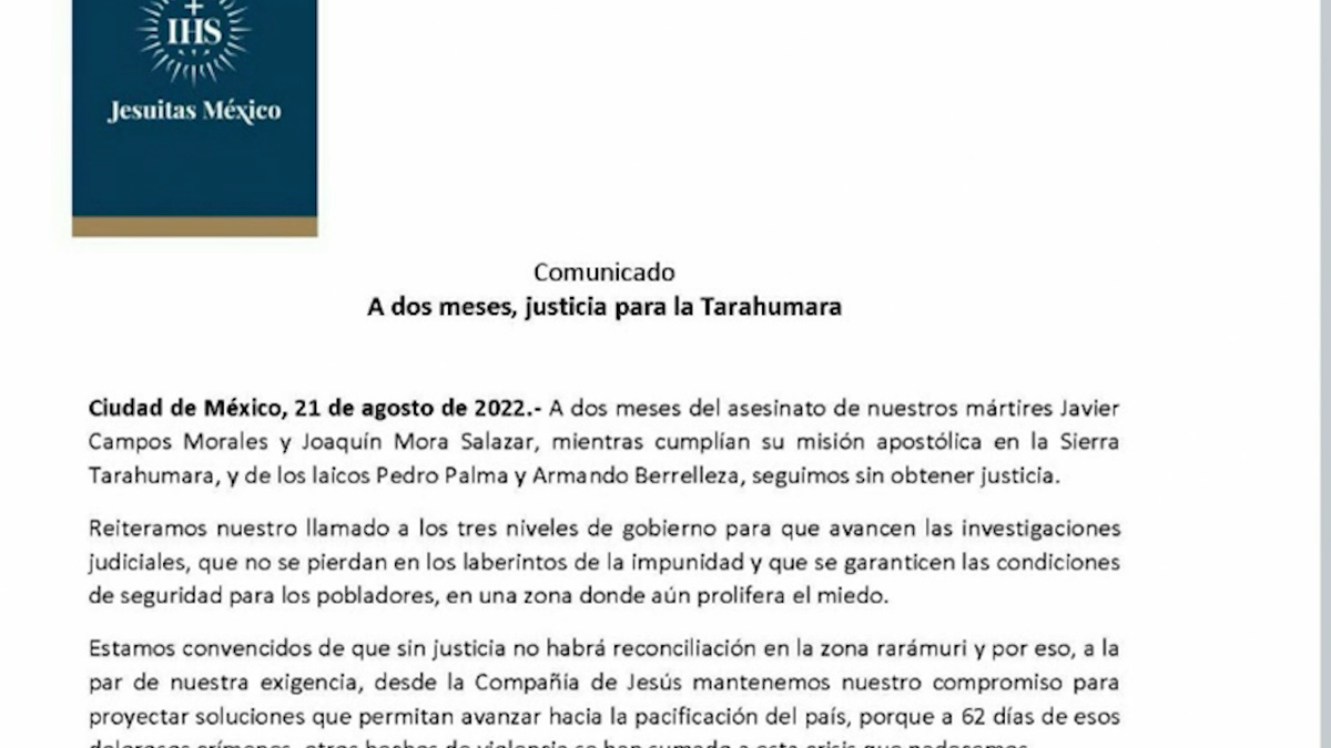 Jesuitas exigen a los tres niveles de gobierno avances con investigación de sacerdotes asesinados