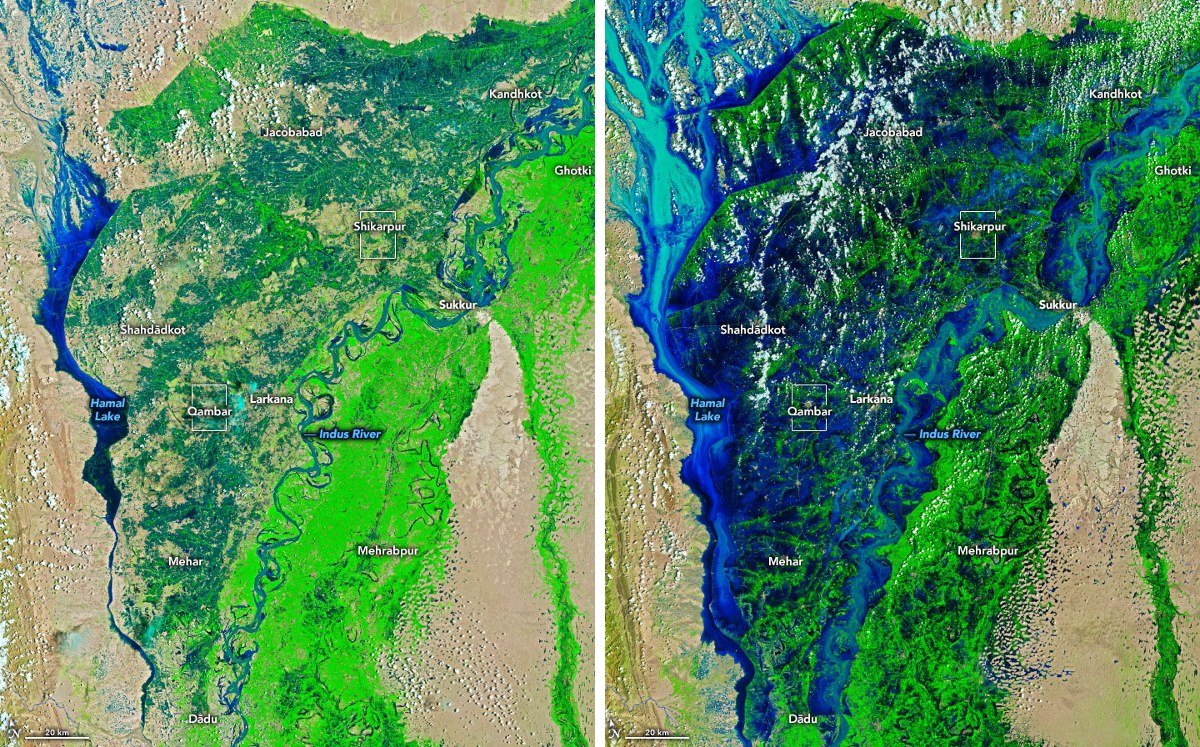 Inundaciones en Pakistán, comparación del 4 y 28 de agosto. | NASA