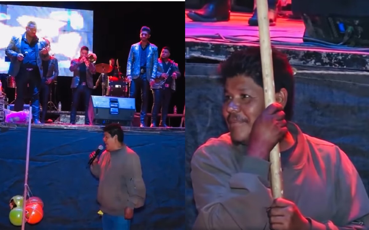 Vendedor de algodones de azúcar canta junto a banda en concierto