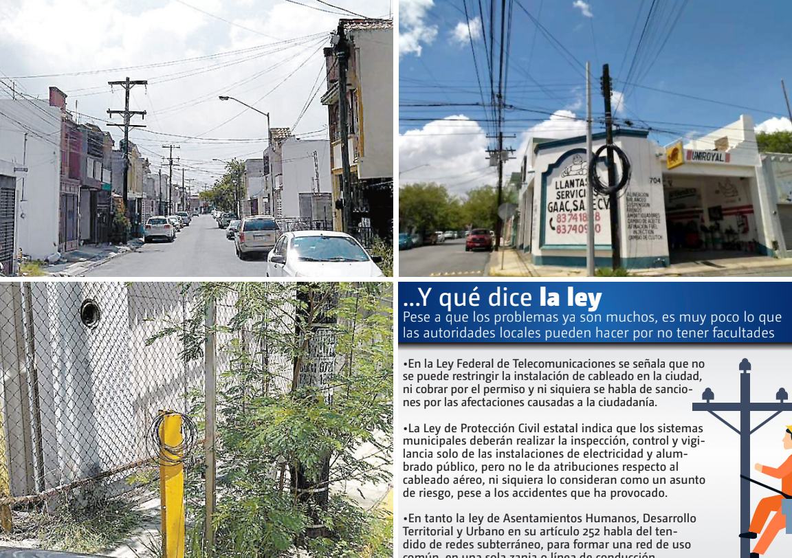 En Monterrey es común ver en algunos sectores los cables en desuso enrollados en los postes y otros tirados en la calle. S. González