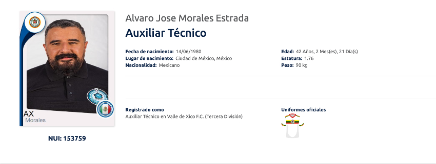Registro de Álvaro Morales como auxiliar técnico de la Tercera División