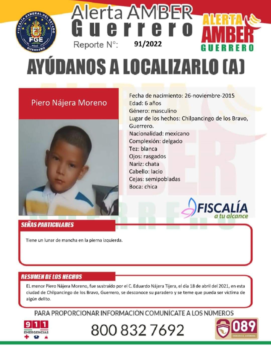 Ficha de búsqueda para menor | alerta Amber Guerrero