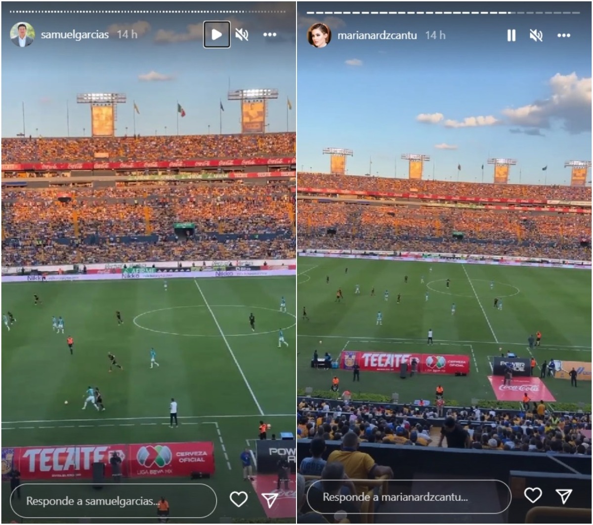 Samuel García y su esposa  Mariana Rodríguez en el Estadio Universitario de UANL