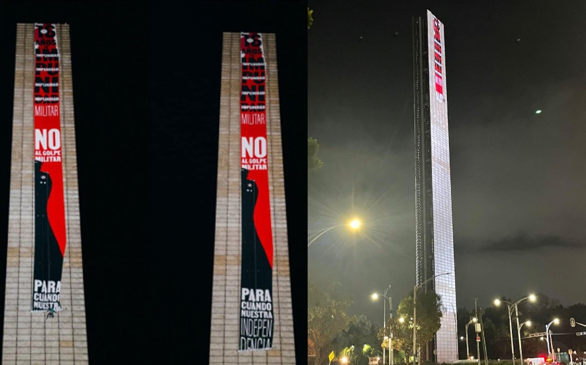 En Estela de Luz, colectivo de Guanajuato coloca manta gigante contra militarización / Especial