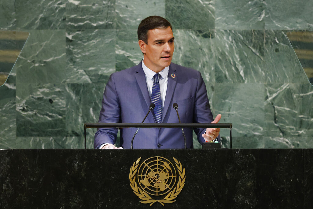 Pedro Sánchez, presidente de España, en su participación en la Asamblea General de la ONU. (AP)