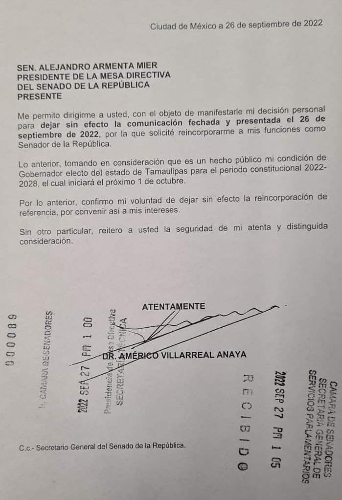 Escrito de Américo Villarreal