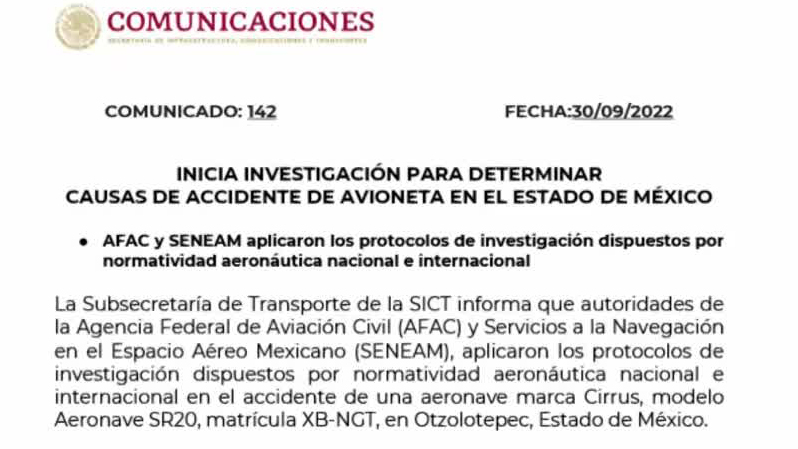 Inician investigación tras desplome de aeronave en el Edomex