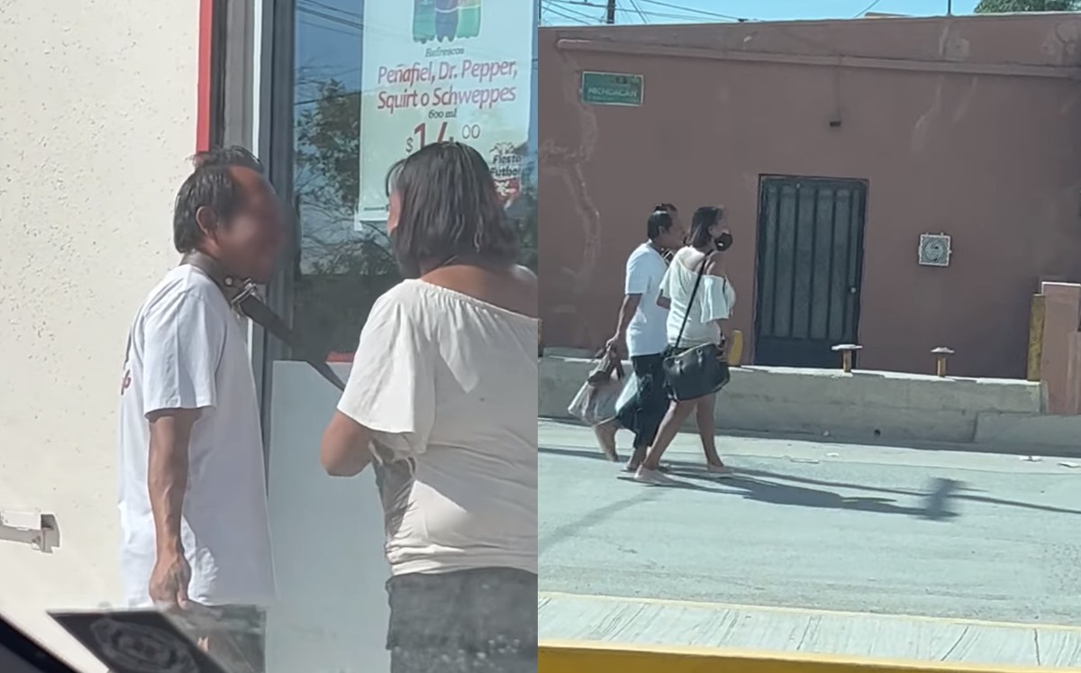 Mujer amarra a su pareja con un cinturón y pasean por la calle