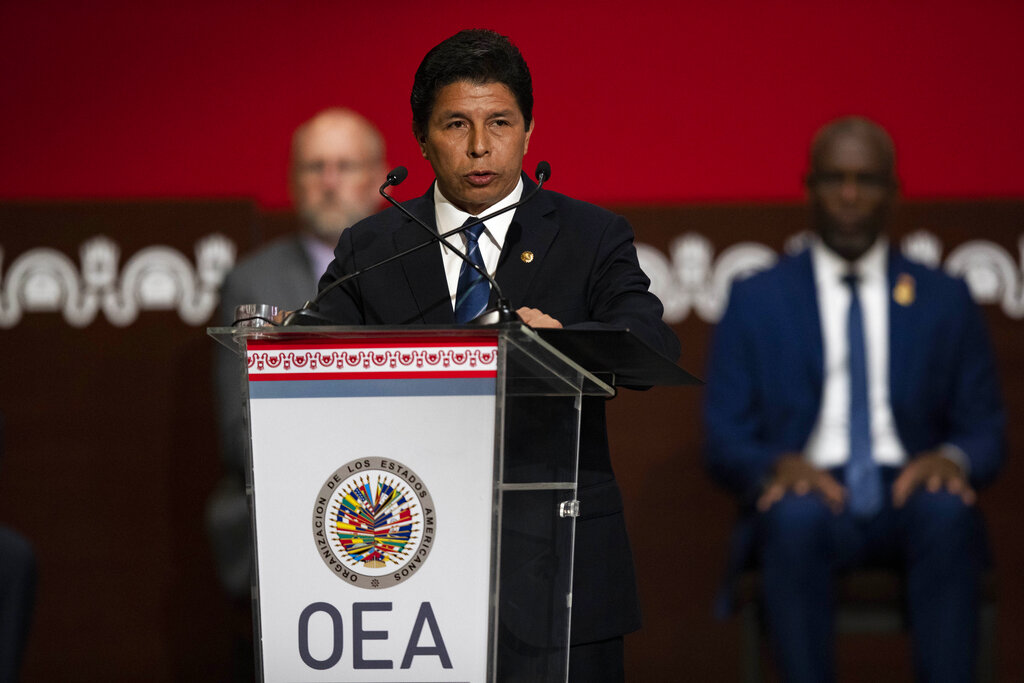 Pedro Castillo, presidente de Perú, durante la reunión de la OEA en Lima (AP)