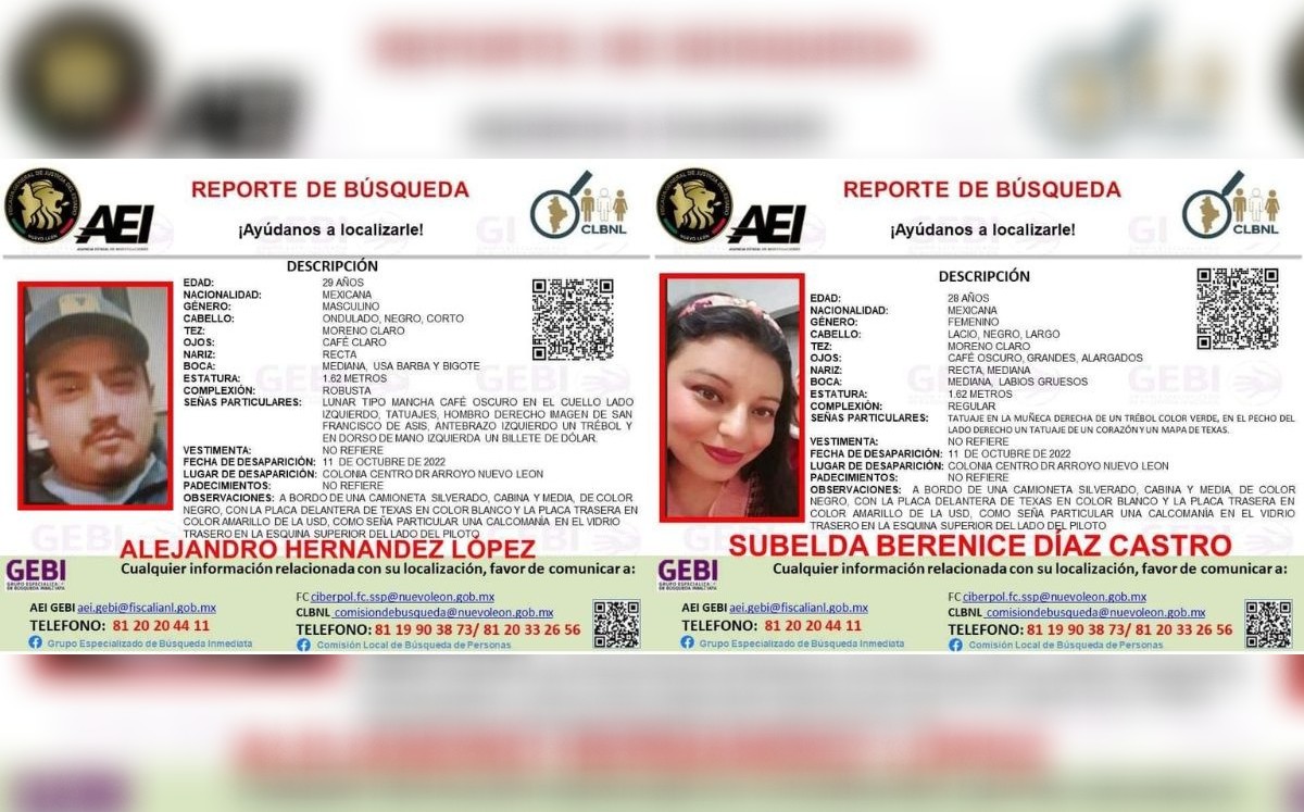 La pareja desapareció el pasado martes en la cabecera municipal de Doctor Arroyo / Especial