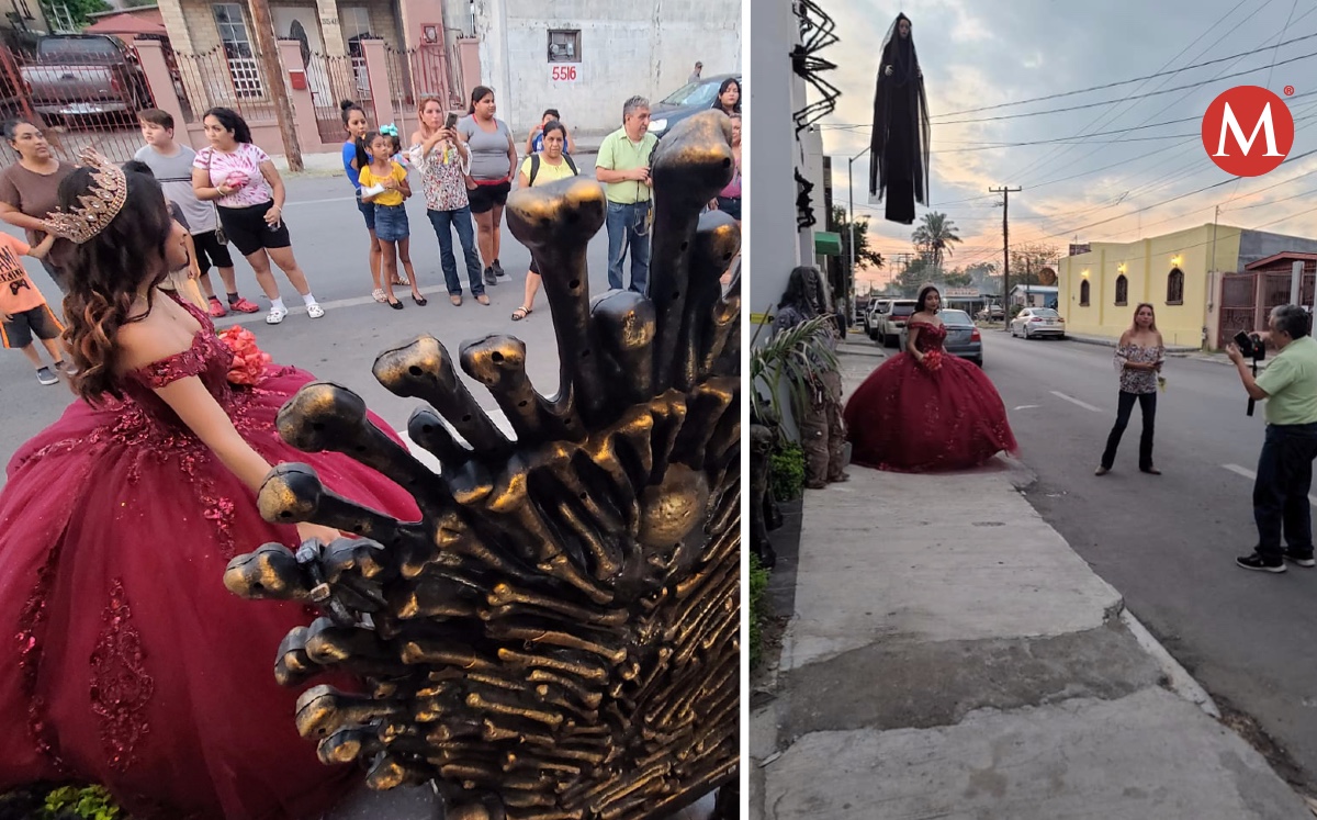 Quinceañera hace sesión de fotos afuera de casa decorada de Halloween.