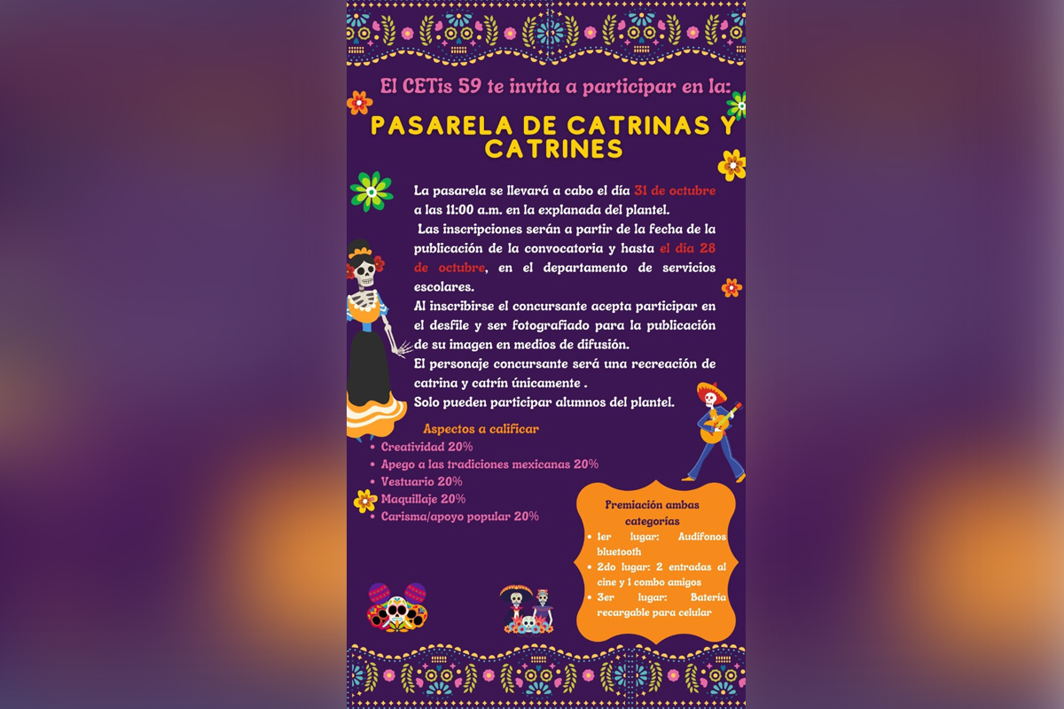 Covocatoria de Pasarela de Catrines y Catrinas del CETIS 59. (cortesía)