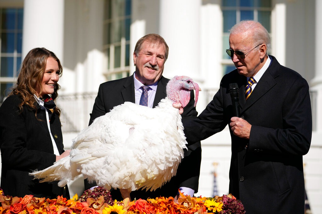 Joe Biden y un pavo para Día de Acción de Gracias. (AP)