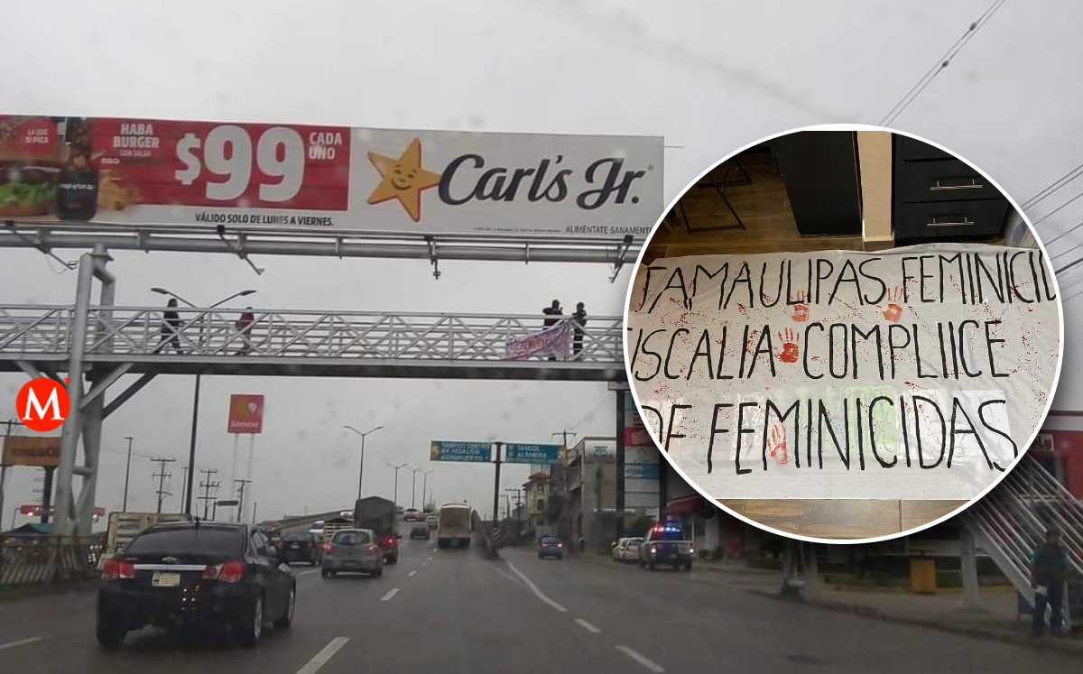 Mujeres colocaron una manta en el puente de Soriana Aeropuerto