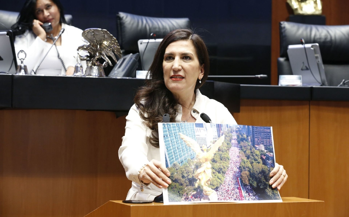 López Rabadán muestra una foto aérea de la marcha en defensa del INE. | Cuartoscuro