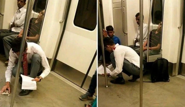 El joven limpió el almuerzo que se le había caído por error | Twitter @RohitSindhu13