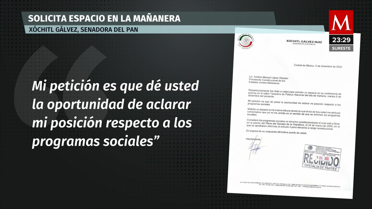 Xóchitl Gálvez pide a AMLO un espacio en 'La Mañanera'