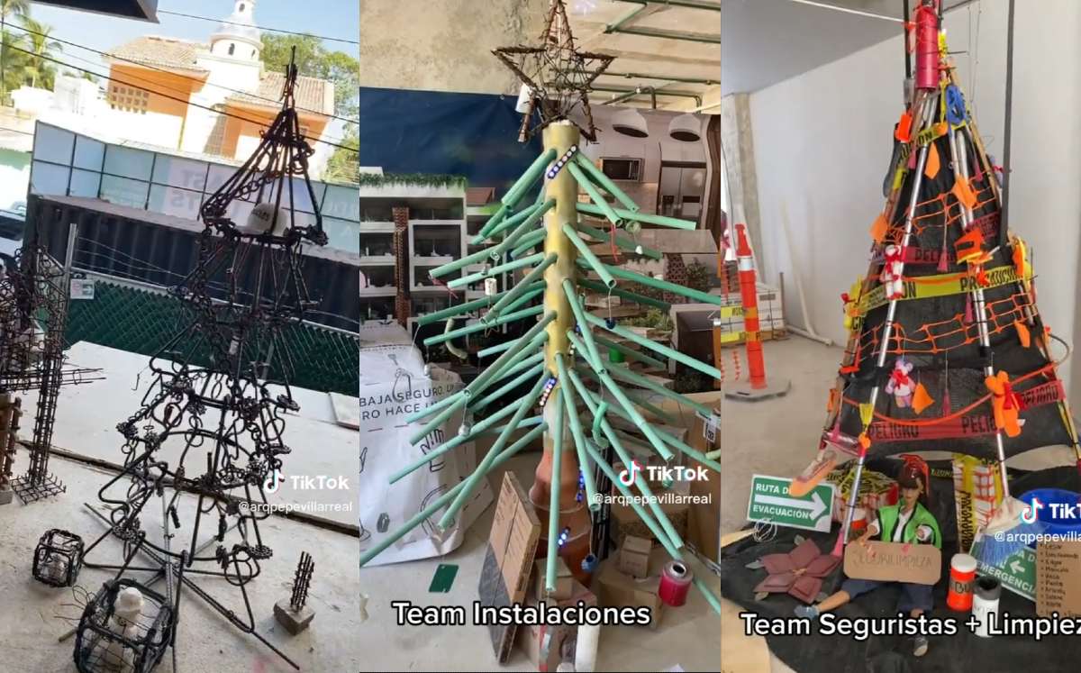Albañiles hacen concurso de pinos de navidad en la obra