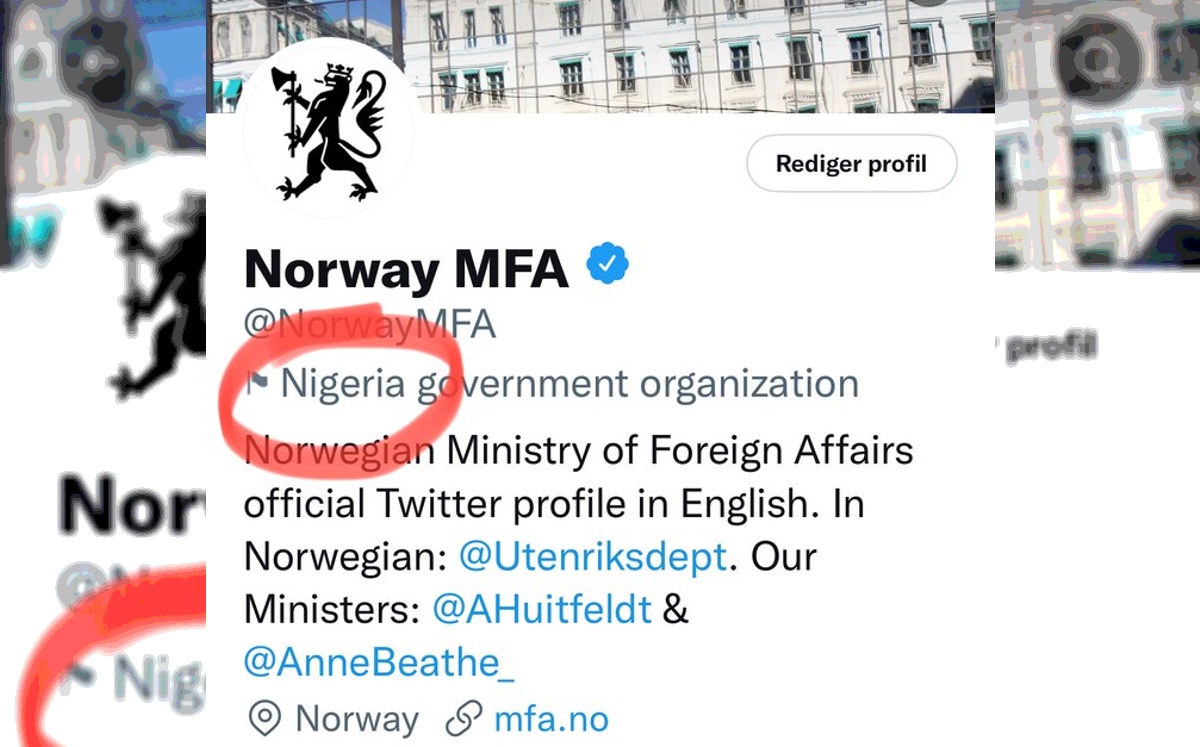 Algunas cuentas oficiales del gobierno noruego aparecieron como pertenecientes a Nigeria | Twitter