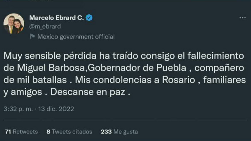Descanse en paz: políticos reaccionan a la muerte de Miguel Barbosa, gobernador de Puebla