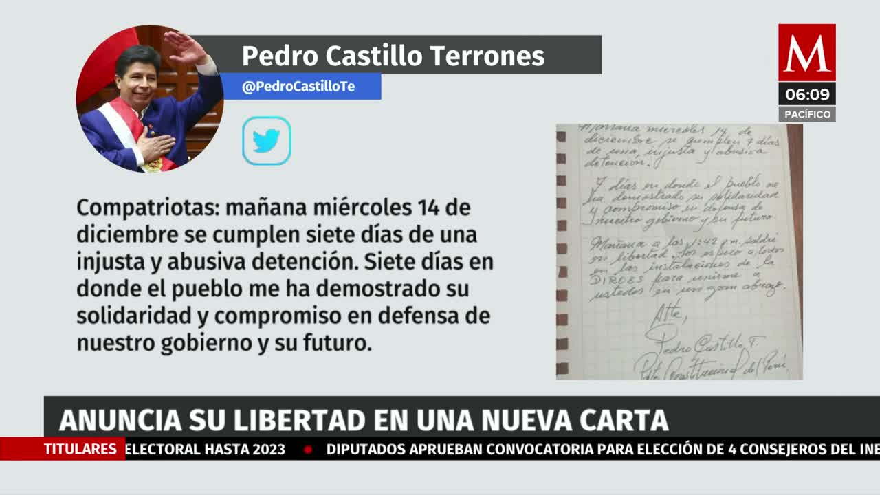 Pedro Castillo anuncia su libertad en una nueva carta