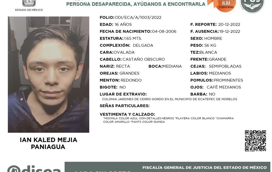Fiscalía del Edomex emite boletín por desaparición de Ian Kaled Mejía, joven de 16 años