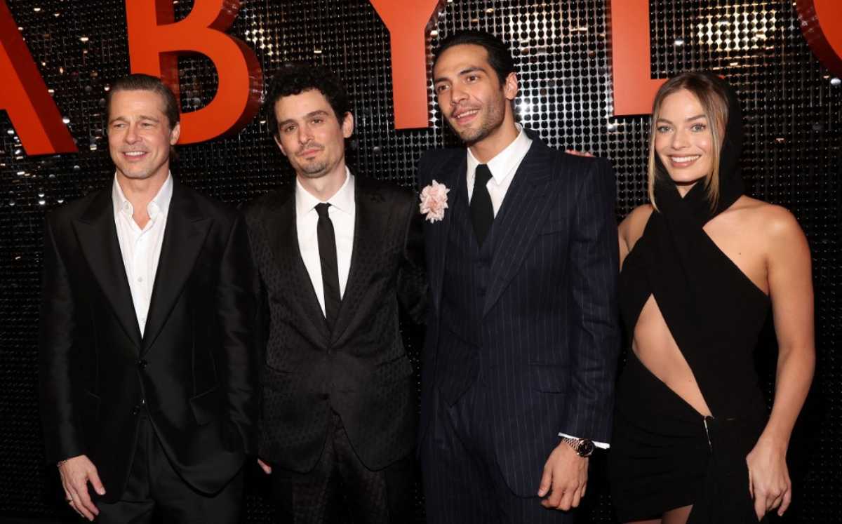 Brad Pitt, Damien Chazelle, Diego Calva y Margot Robbie (AFP).