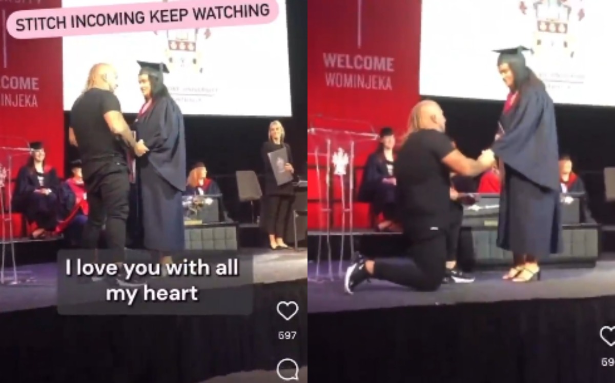 Hombre interrumpe graduación para pedirle matrimonio a su novia | Captura