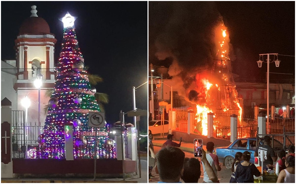 Árbol de Navidad se incendia en Pinotepa Nacional, Oaxaca. | Wilmer Gil López