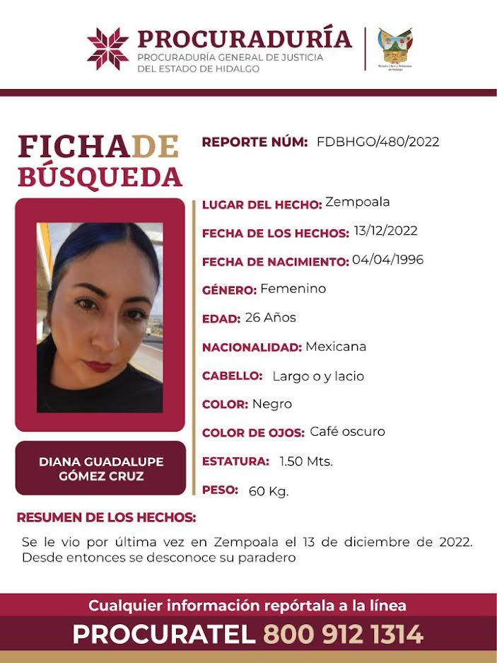 El pasado 13 de diciembre se emitió una ficha de búsqueda  oficial por la desaparición de Diana Guadalupe Gómez (Especial)