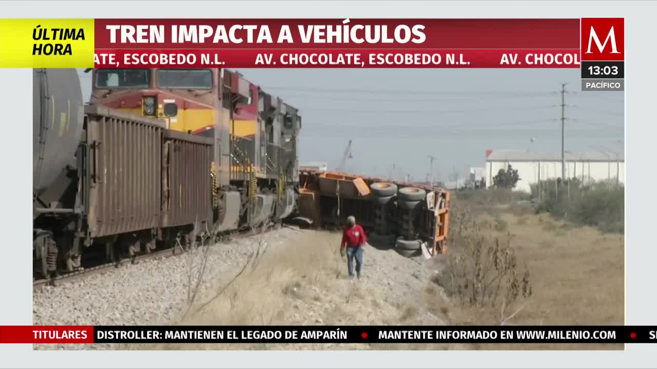 Tren impacta tractocamión que intentaba ganarle el paso en Escobedo, NL