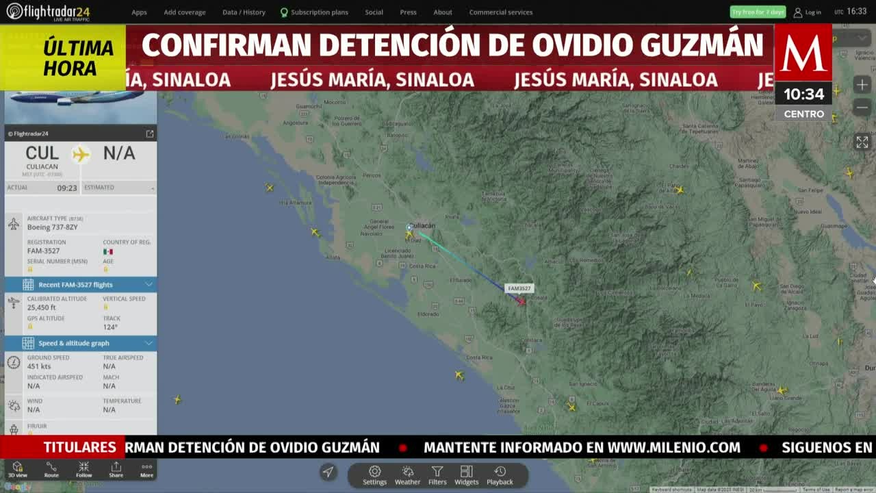 Aeronave del ejército sale de Culiacán, podría ser el traslado de Ovidio Guzmán