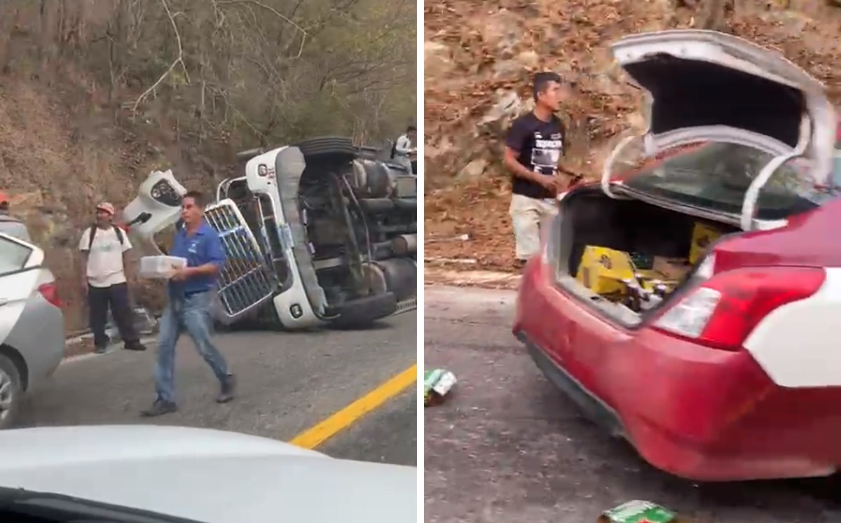 Los habitantes vaciaron el camión accidentado en Oaxaca. | Especial