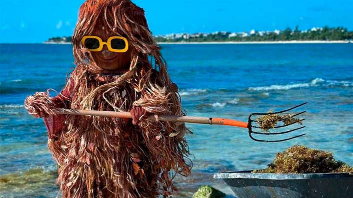 Sargazin', la botarga que ayuda en retiro de sargazo en Playa del Carmen