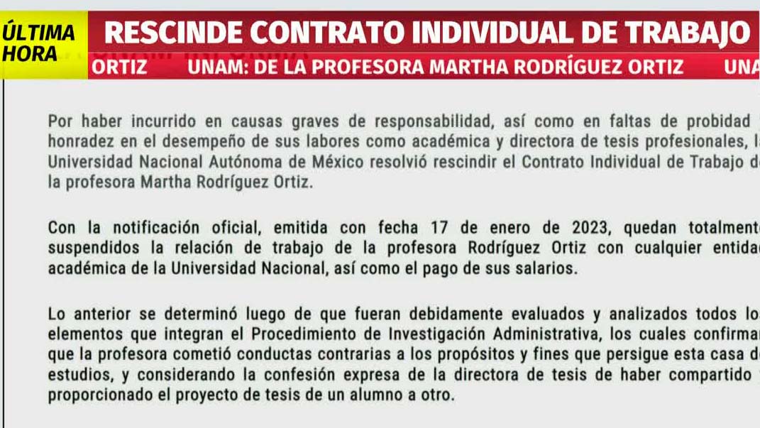 UNAM rescinde contrato de individual de trabajo a Martha Rodríguez Ortiz
