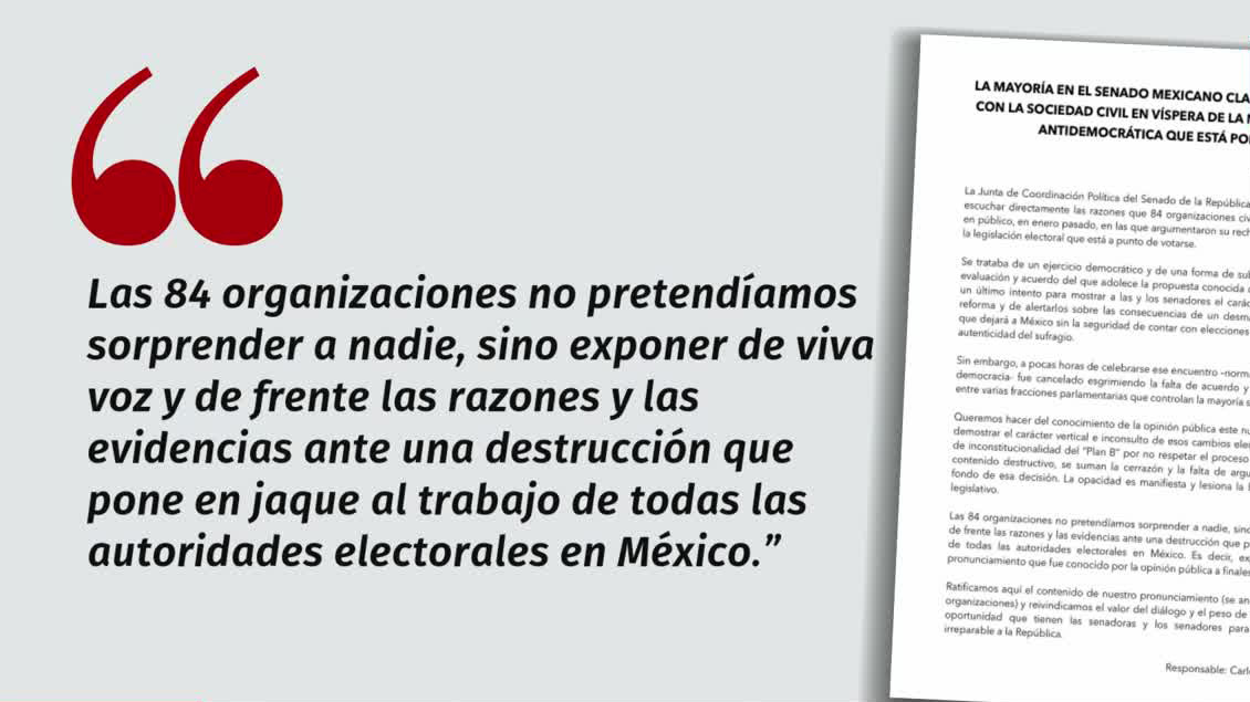 Organizaciones civiles denuncian la cancelación de una reunión con la Jucopo sobre el "Plan B"