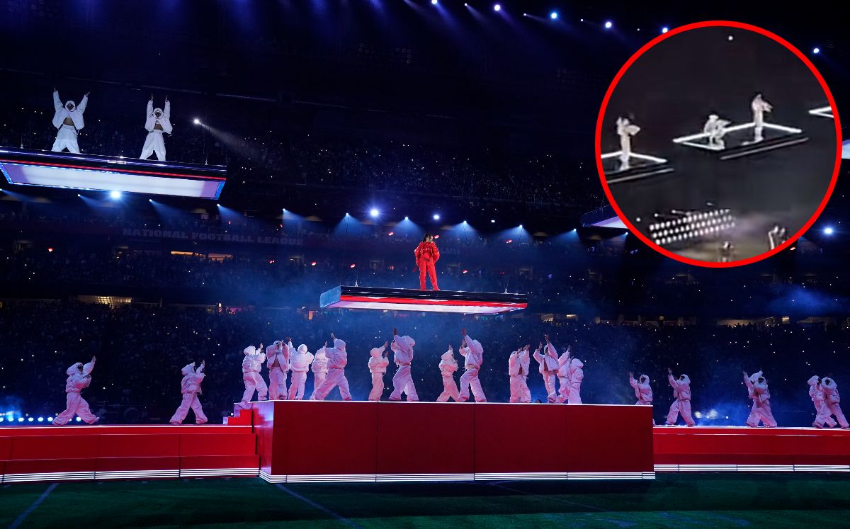 Bailarín de Rihanna casi cae del escenario en el Super Bowl | Especial