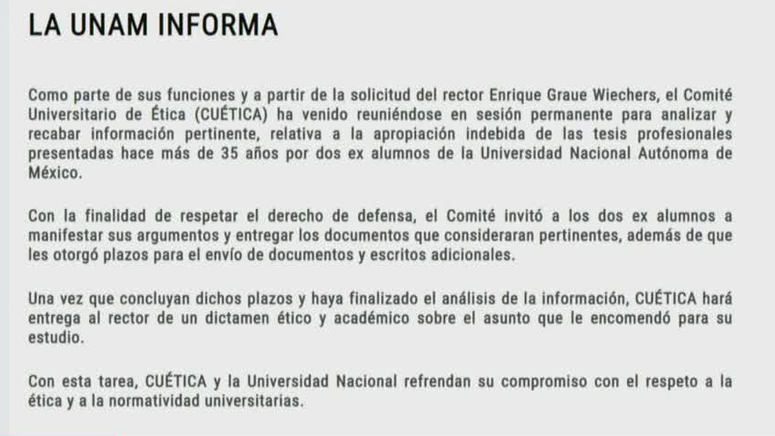 UNAM emite comunicado sobre el caso de plagio de tesis de la ministra Yasmín Esquivel