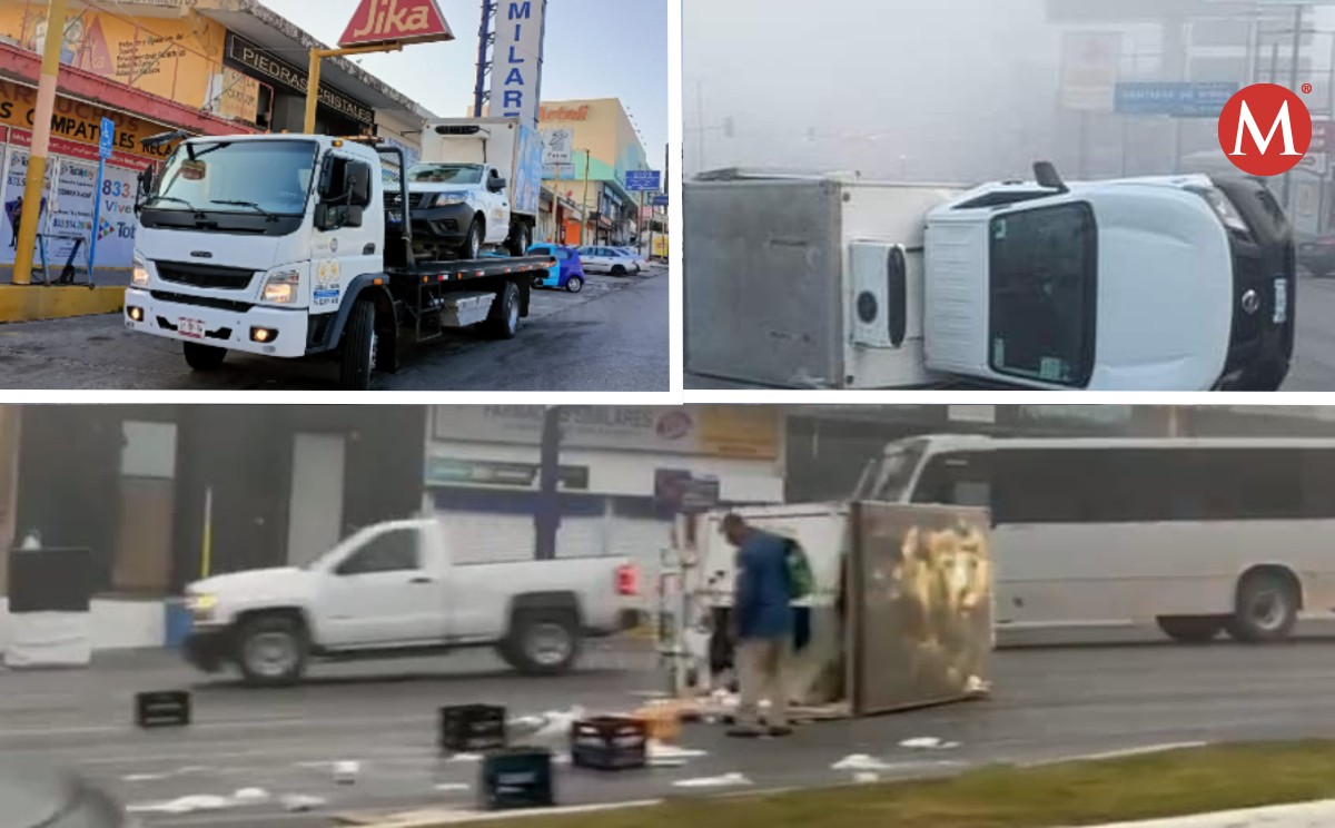 Camioneta vuelca y derrama leche sobre la Avenida Hidalgo de Tampico