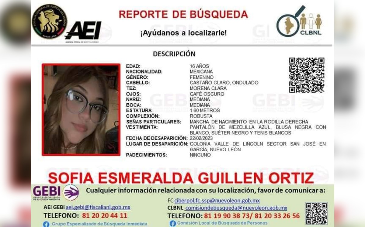 Sofia Esmeralda Guillen Ortiz desapareció en el municipio de García, Nuevo León. Foto: Especial