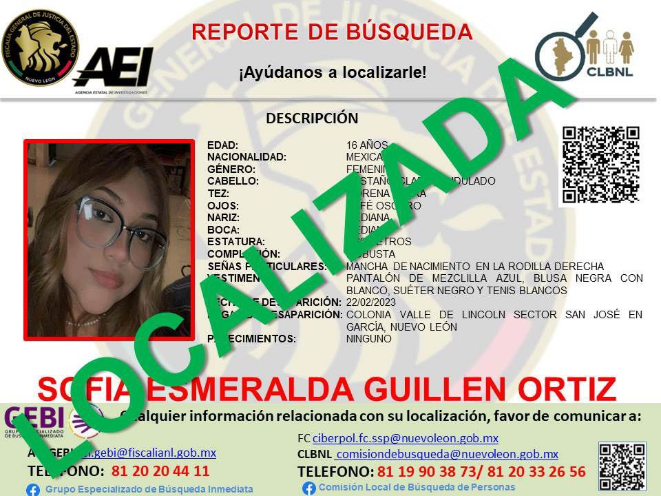 Menor localizada en García. Foto: Especial