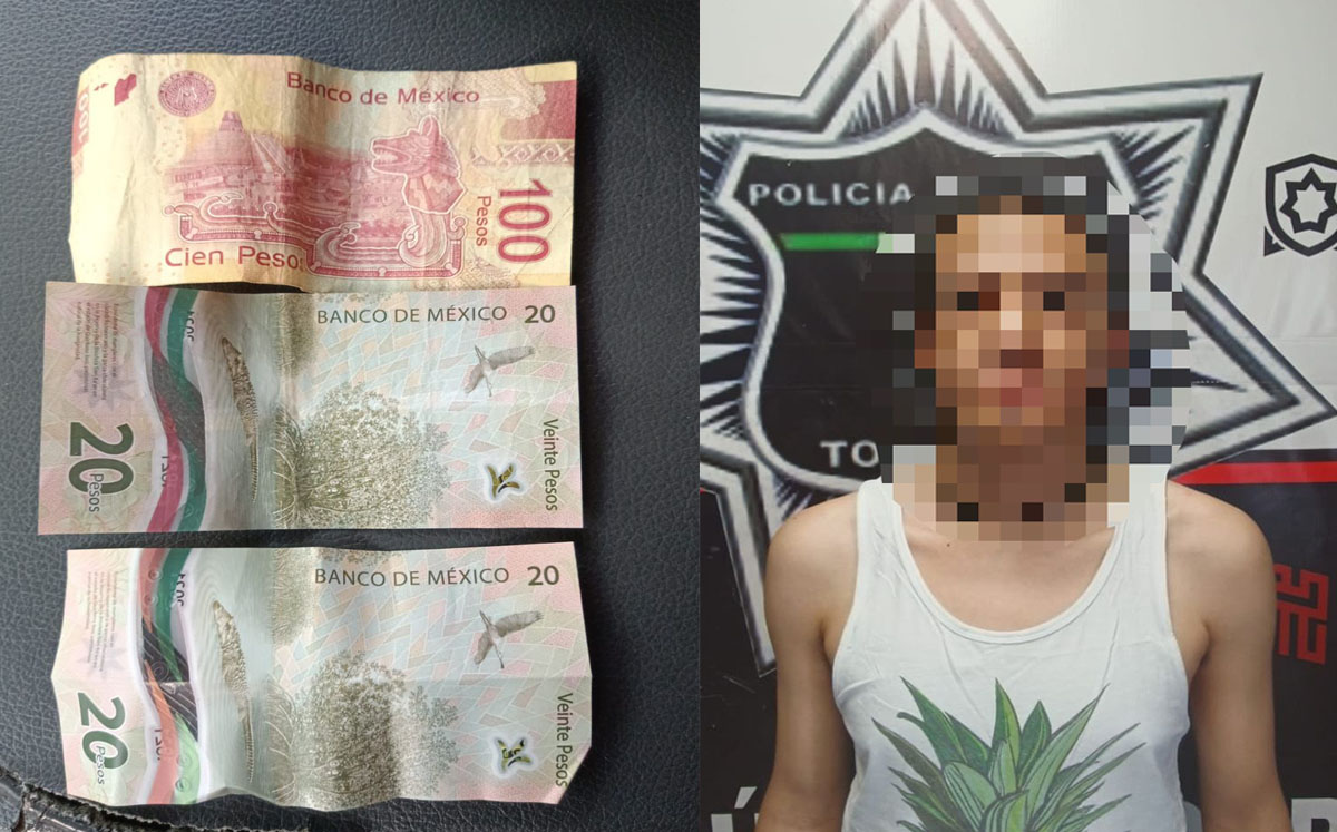 Hombre tomando en vía pública es detenido e intenta sobornar con 140 pesos a policía de Torreón. | Especial