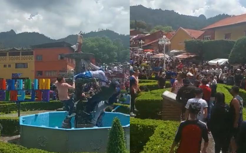 Turista se había subido a la fuente principal del pueblo mágico.