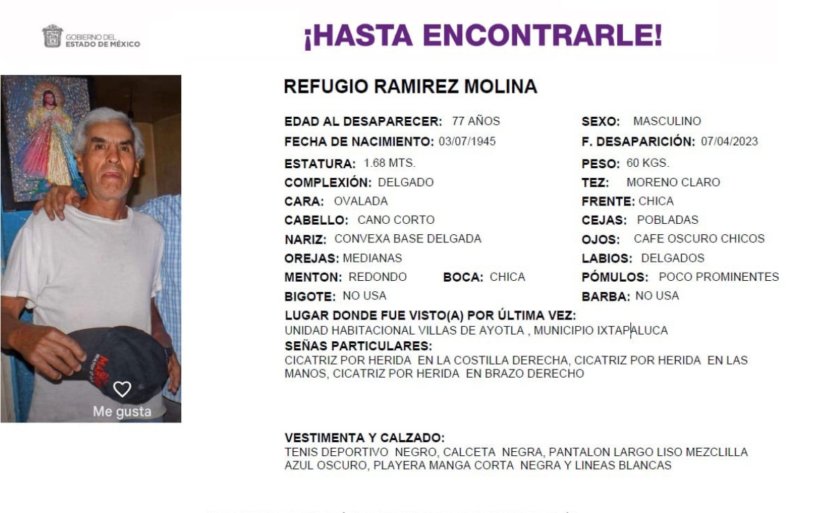 Autoridades piden ayuda para localizar a adulto mayor desaparecido en Ixtapaluca. (Especial)