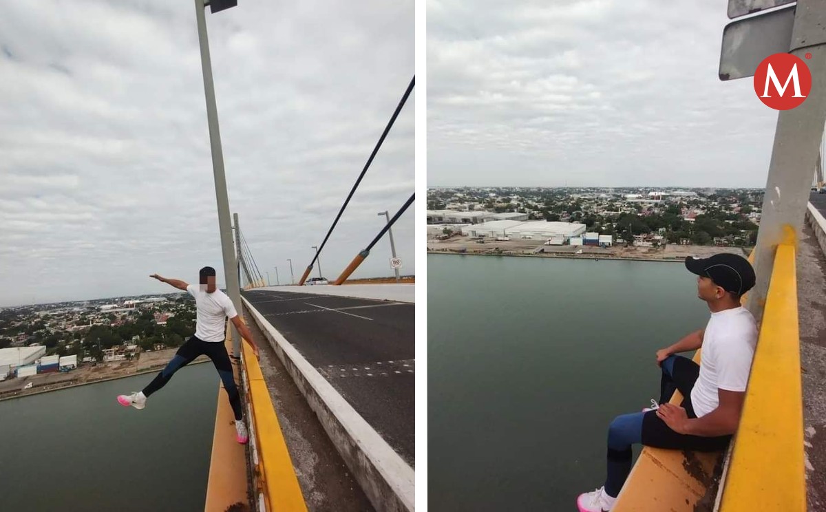 Joven se toma selfie en puente Tampico ¡Solo se sujeta del barandal!