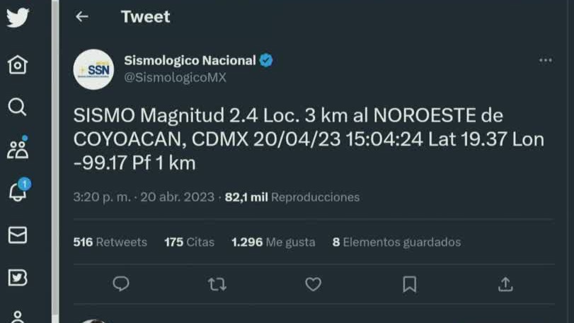 Se registra sismo de magnitud 2.4 en el noroeste de Coyoacán